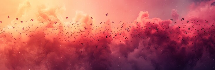 red cloud with flock of birds in the sky, in the style of light violet and pink, romantic atmosphere. Generative AI