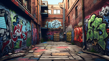 A vector graphic of graffiti-covered walls in an urban alley.