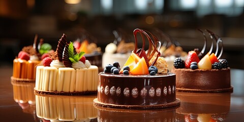 Cakes in pastry kitchen background