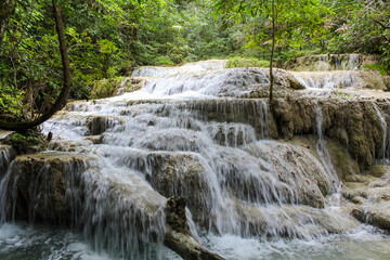 Beautiful Huay Maekamin Waterfall Erawan National Park in the West of Thailand.