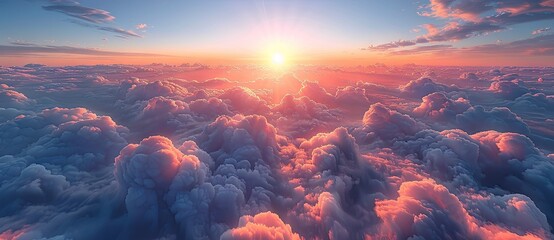 the sun rising above clouds, in the style of photorealistic details, ethereal cloudscapes, aerial view, lightbox. Generative AI - obrazy, fototapety, plakaty