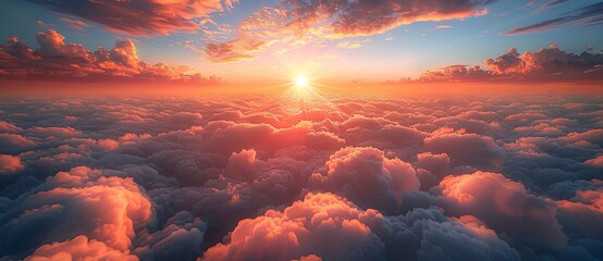 the sun rising above clouds, in the style of photorealistic details, ethereal cloudscapes, aerial view, lightbox. Generative AI - obrazy, fototapety, plakaty