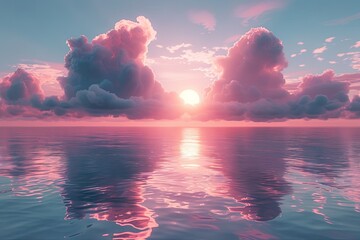 the sun setting over a ocean with clouds on the ocean, in the style of pastel color palette, photo-realistic landscapes, light turquoise and dark pink. Generative AI
