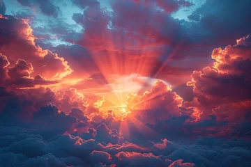 Tuinposter time lapse of sunrise over a sky and clouds, in the style of color photography pioneer, photo-realistic landscapes, god rays, orange and azure. Generative Ai © Skiffcha