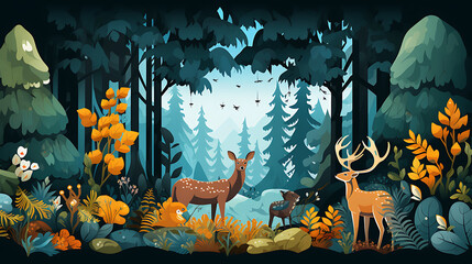 A vector illustration of a group of animals in a forest.