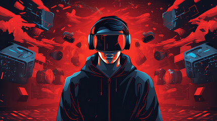 A vector illustration of a hacker in a virtual reality environment.