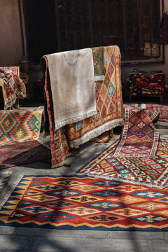 Beautiful multi-colored carpets laid out in the sun