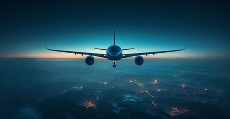 Fototapeta premium a passenger plane is flying through deep blue sky, in the style of green and azure. Generative AI