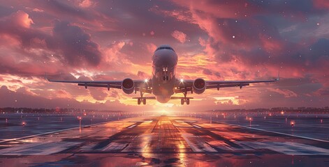 airplane taking off from a runway at sunset, in the style of photorealistic, light purple and light cyan, poster. Generative AI - obrazy, fototapety, plakaty
