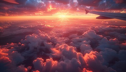 the wing of an airplane over clouds and sun shining on it, in the style of landscape photography, photo-realistic landscapes, modern. Generative AI