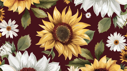 Floral pattern of sunflower and daisy blooming on bu