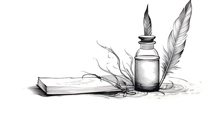 A vector illustration of a quill pen and ink bottle. - obrazy, fototapety, plakaty