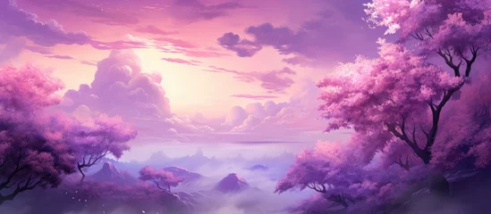 Papier Peint photo Rose  A painting depicting a purple landscape filled with trees. The sky is painted in mesmerizing shades of lilac, creating a captivating display of colors.