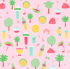 Bright wrapping paper pattern Vector flat illustration, a mix of desserts and fruits on a playful background, for vibrant gift wrapping and decorations