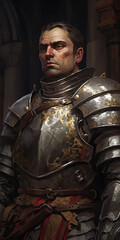 illustration of medieval guard in silver armor, generative AI