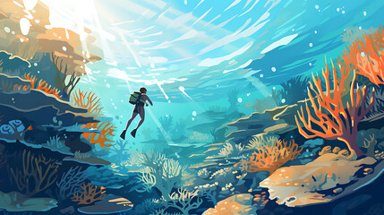 Fototapeta na wymiar A vector illustration of a snorkeler exploring coral reefs.