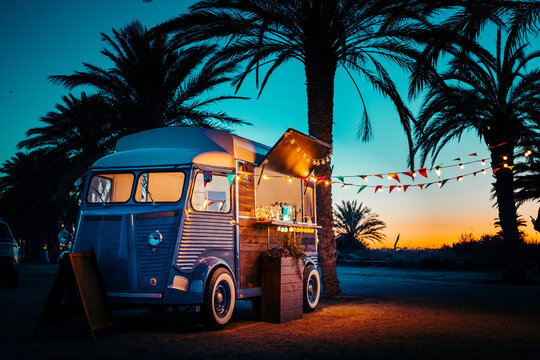 Retro food truck at sunset