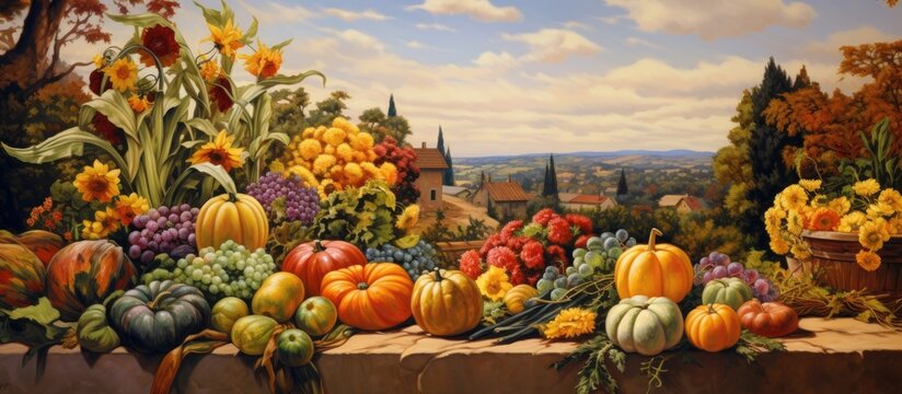 A painting showcasing a variety of pumpkins and gourds neatly arranged on a ledge, depicting the bounty of a vibrant vegetable garden.