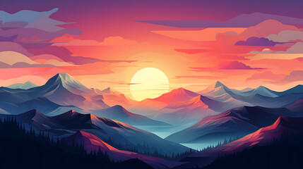 A vector illustration of a sunrise over a mountain range.