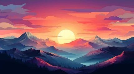 Tuinposter A vector illustration of a sunrise over a mountain range. © Tayyab