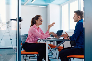 Fototapeta premium A furious business director of a startup office berating her employee for business mistakes and errors