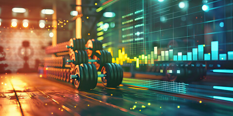 Fitness and wellness trends background. Data visualization of gym memberships, fitness app downloads, and wellness program participation. Health and wellness industry concept