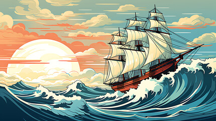 A vector illustration of a vintage ship sailing on rough seas.