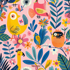 wrapping paper pattern Vector flat illustration with playful birds and lush foliage on a pink background, perfect for cheerful gift wrapping