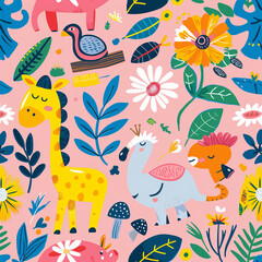 Whimsical wrapping paper pattern Vector flat illustration featuring cute lions, giraffes, and flora, ideal for birthday presents and playful decorations