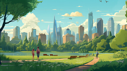 A vector illustration of people walking in a city park.