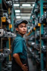 Fototapeta na wymiar a indonesian young man worker in machine factory, Engineer factory concept