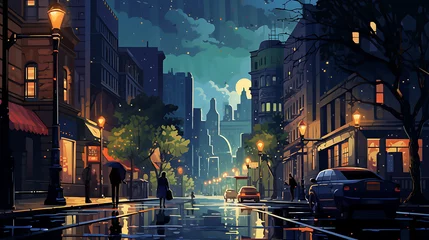 Poster A vector image of a bustling city street at night. © Tayyab