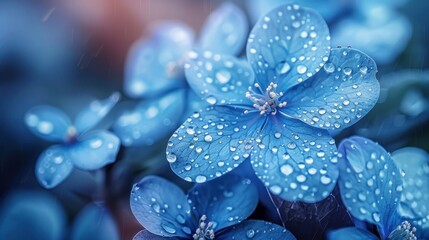 Close-up view of refreshing dew drops adorning the delicate petals of blue hydrangea flowers in soft light. - obrazy, fototapety, plakaty