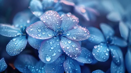 Rolgordijnen Close-up view of refreshing dew drops adorning the delicate petals of blue hydrangea flowers in soft light. © Praphan