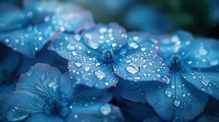Badkamer foto achterwand Close-up view of refreshing dew drops adorning the delicate petals of blue hydrangea flowers in soft light. © Praphan