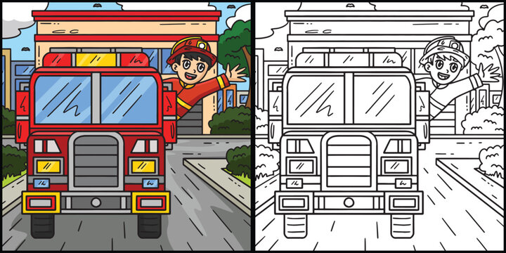Firefighter Waving from Fire Truck Illustration