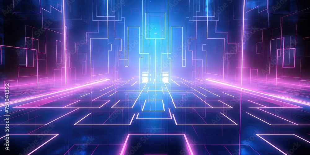 Wall mural digital grid with blue and pink neon lights presenting a futuristic matrix-like design in a virtual 