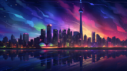 A vector image of a city skyline at night with vibrant lights.