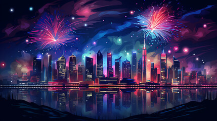 A vector image of a city skyline at night with vibrant lights.