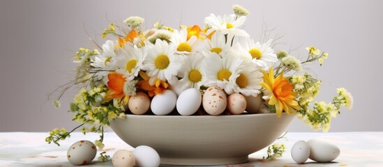 A bowl holding a collection of eggs and flowers sits on a table covered with a cotton napkin. The arrangement is Easter-themed, featuring decorative eggs and delicate blooms.