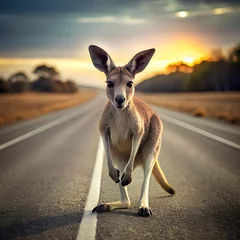 Fotobehang A kangaroo walks along the highway. right at you on the way road © Tottem Torro