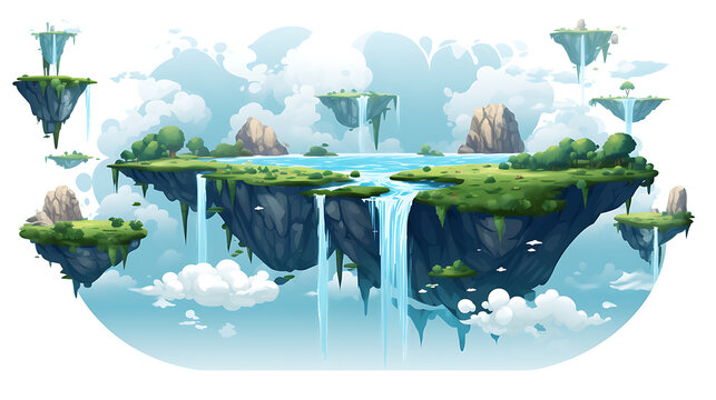 A vector image of a floating island with waterfalls.