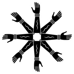 Round geometrical star shape mandala with human hands with open palms. Arm symbol. Black and white silhouette.