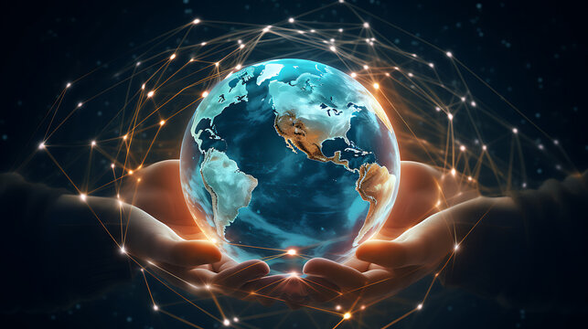 A vector image of a globe surrounded by interconnected hands.