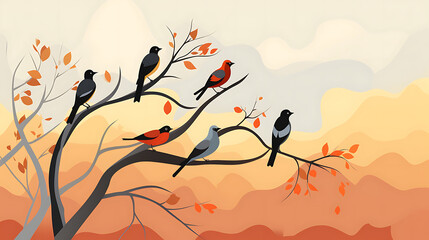 A vector image of a group of birds in a tree.
