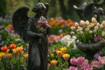 Serene Angel Statues Adorned with Vibrant Easter Flowers, Bringing a Touch of Divine Springtime to the Garden