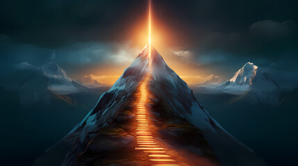 The road to success, the glowing light to the top, the future journey of the glowing mountain road - obrazy, fototapety, plakaty