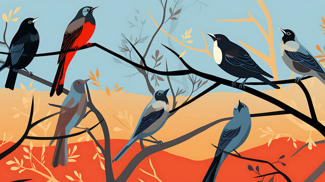 A vector image of a group of birds in a tree.
