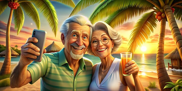 elderly couple relax and take selfies on vacation on a tropical island