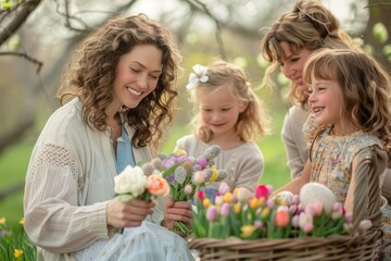 A Joyful Easter Celebration: Family Dressed in Soft Pastels Gathered in the Lush Spring Garden, Sharing Laughs and Love